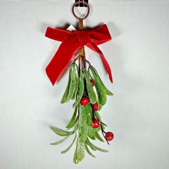 Holiday Style Mistletoe Christmas Ornament Blue Velvet Red Burgundy Bows Glitter - Picture 3 of 13